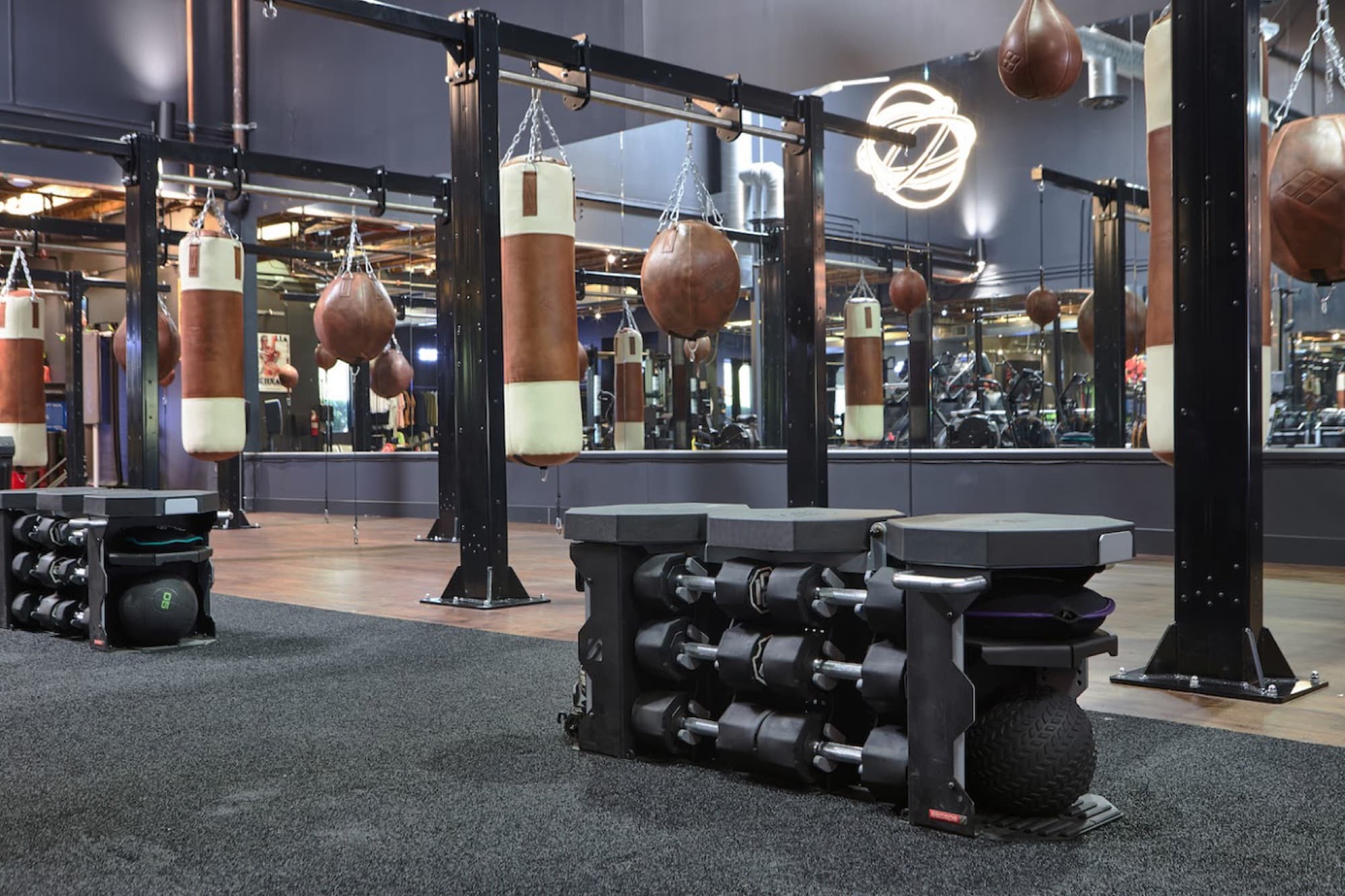 Leather heavy bags on steel rigs with the weight room behind