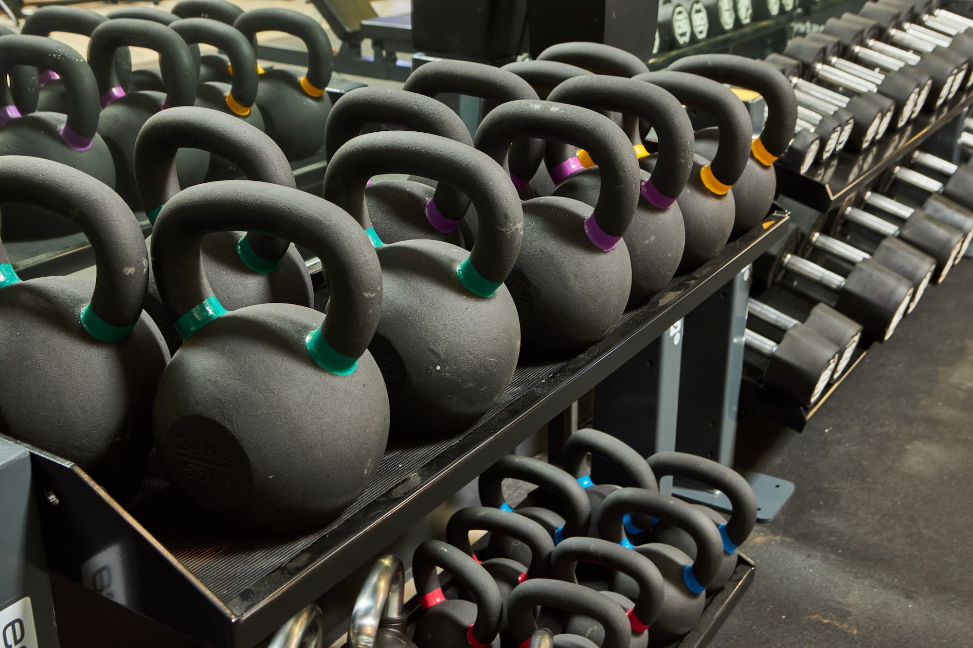 Rows of kettlebells on the rack